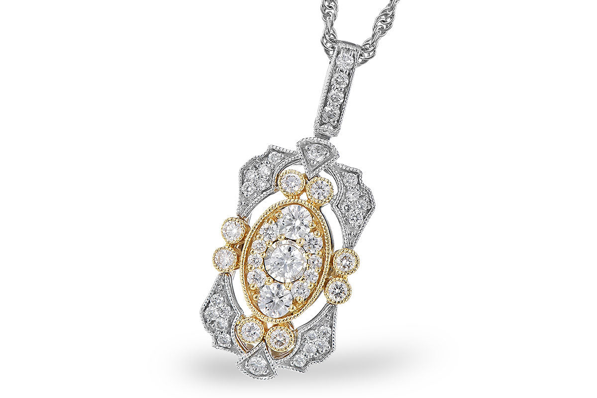 14K Two-Tone .50CTW Vintage Filigree Diamond Pendant with Milgrain & 18" Rope Chain