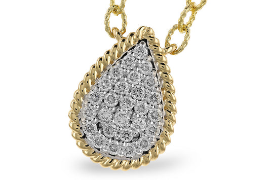14K Two-Tone .32CTW Pear-Shaped Pavé Diamond Necklace with Rope Border & Milgrain