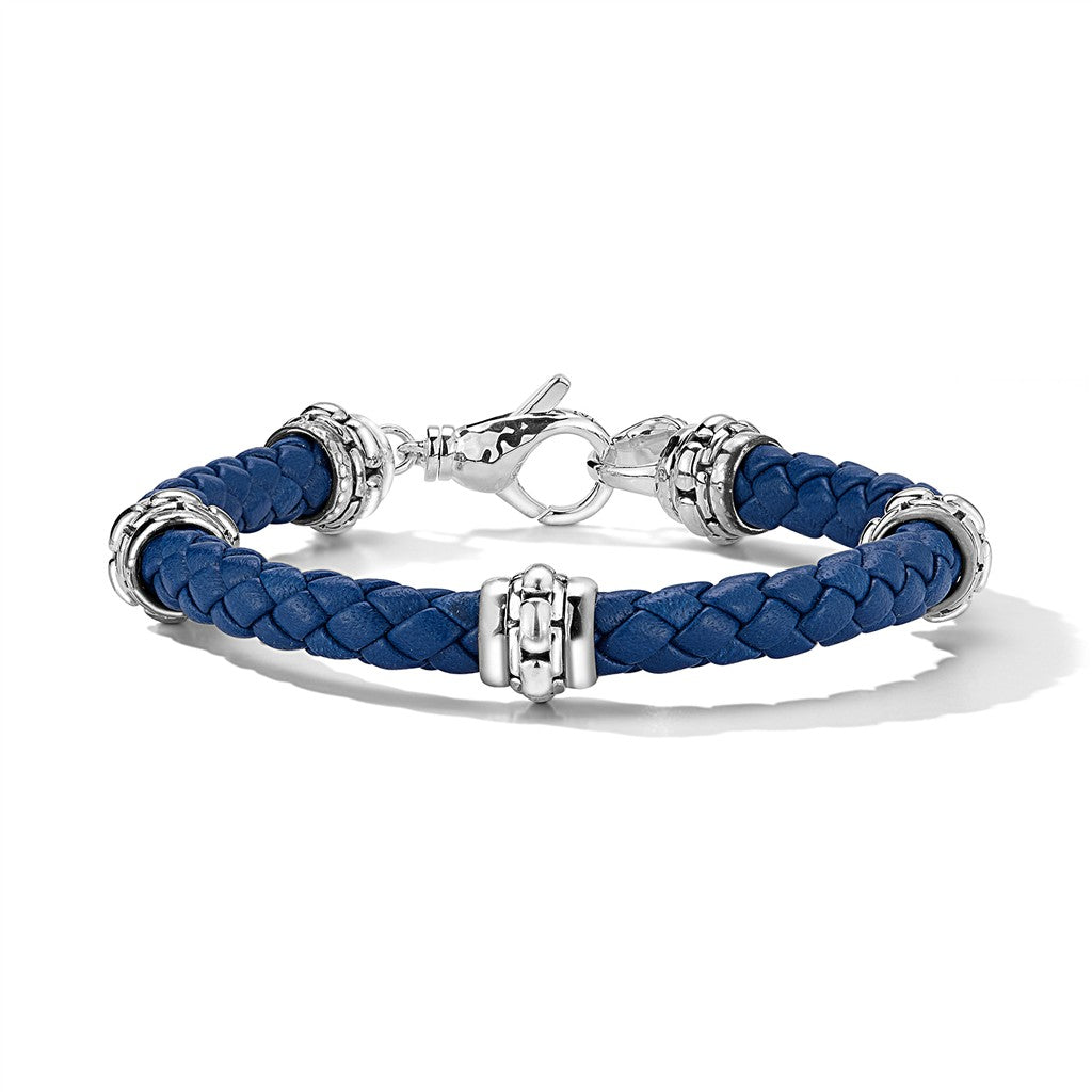JAI Sterling Silver 6mm Woven Ocean Blue Leather & | Silver Bracelets