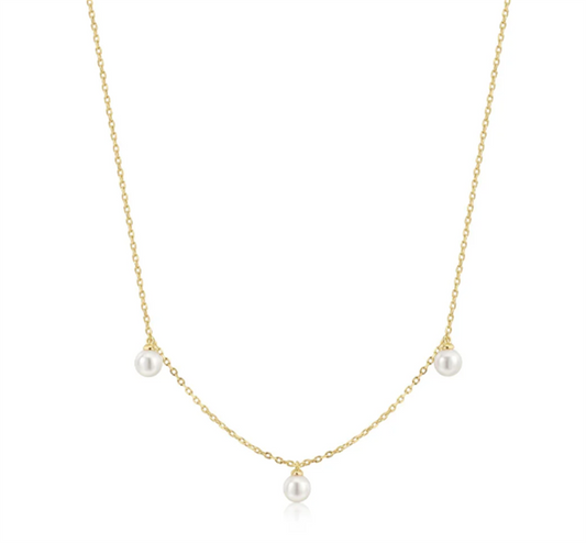 Gold Triple Shell Pearl Station Necklace
