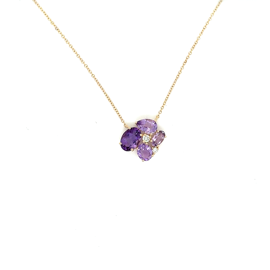 14K Yellow Gold Amethyst & Diamond Pendant – 1.91ct Mixed Shapes, .05ctw RBC with Chain