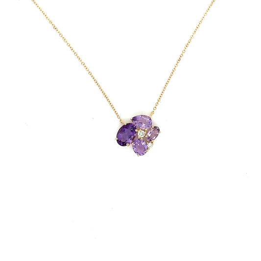 14K Yellow Gold Amethyst & Diamond Pendant – 1.91ct Mixed Shapes, .05ctw RBC with Chain