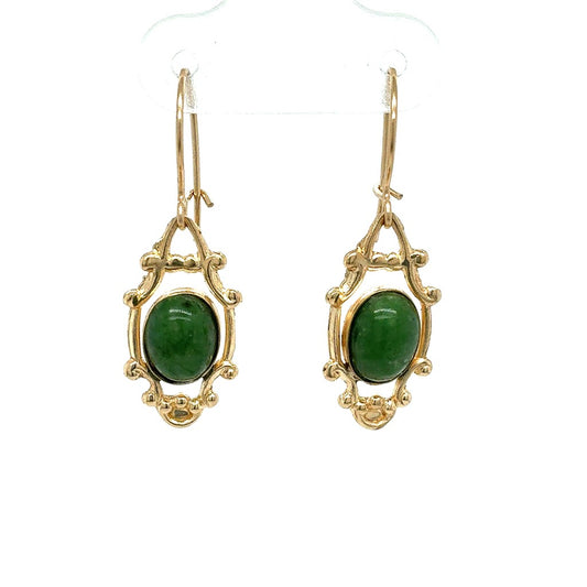 14K Yellow Gold Dangle Earrings with Green Stones