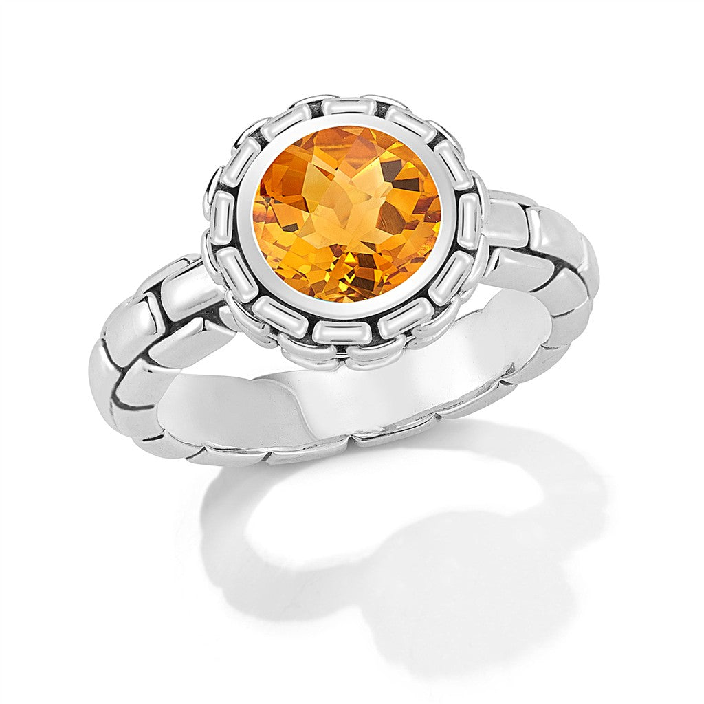 JAI Sterling Silver Box Chain Pattern Ring with Do | Silver Rings