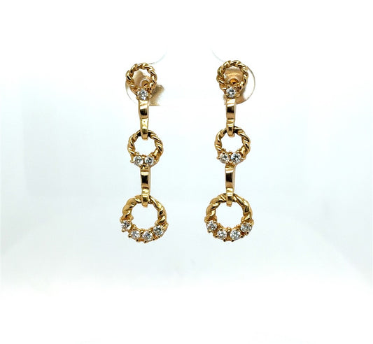 18K Yellow Gold Dangle Estate Earrings with Twisted Gold Graduated Circles and Diamonds
