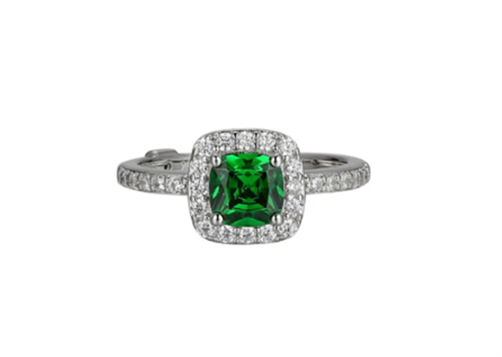 ELLE “Radiance” Cushion-Cut Green & Clear CZ Halo Ring in Rhodium-Plated Sterling Silver  Size 7