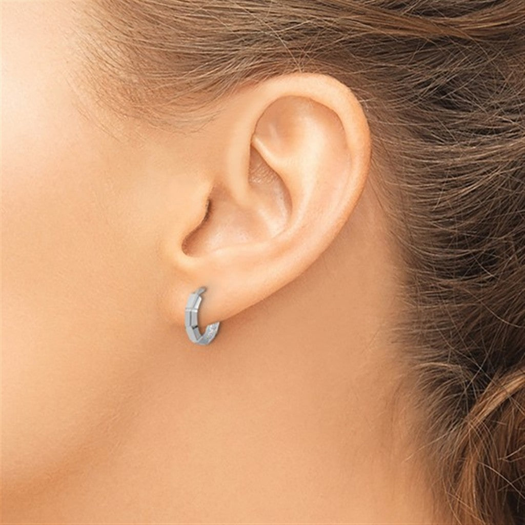Elegant 14K White Gold Polished Diamond Cut Small Huggie Earrings