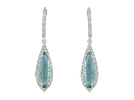 14K White Gold Elongated Elegance North South Set London Blue Topaz with Diamond Halo Dangle Earrings